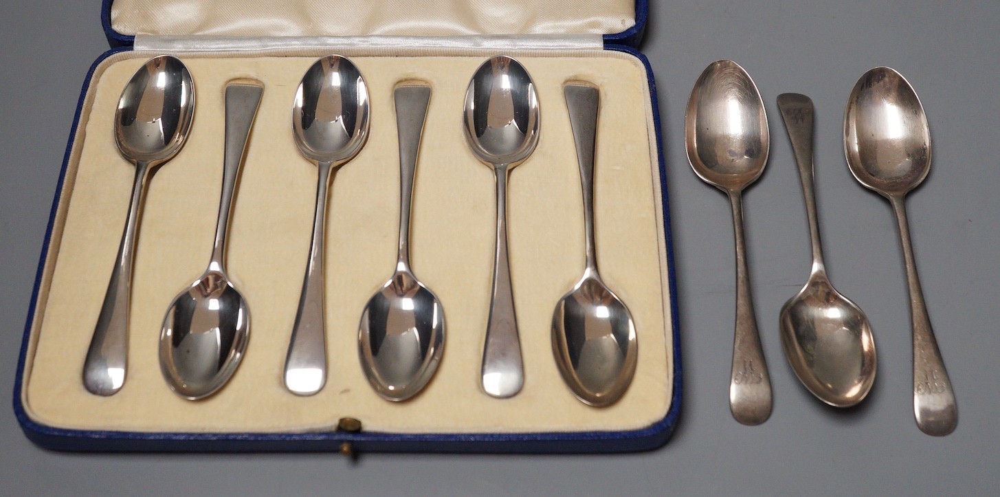 A cased set of six silver 1930's silver Old English pattern teaspoons, Mappin & Webb, Sheffield, 1936 and three other silver teaspoons.